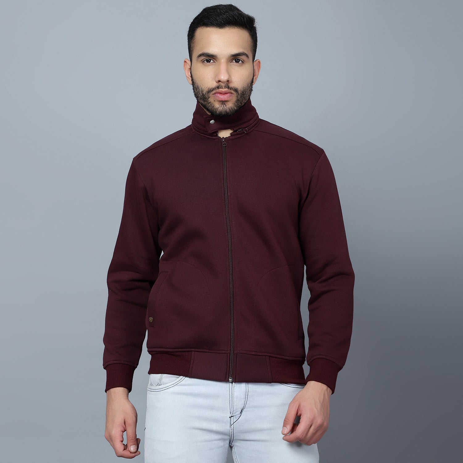 Mentoos Mock Collar Zipper Cotton Sweatshirt Maroon