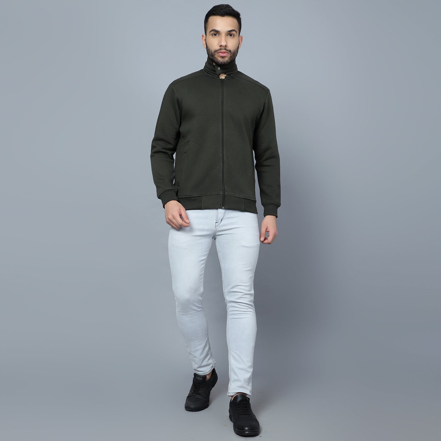 Mentoos Mock Collar Zipper Cotton Sweatshirt Olive Green