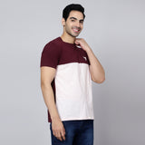 Mentoos Men Slub Cotton Solid Slim Fit Colorblocked Round Neck Half Sleeves T-Shirt Maroon