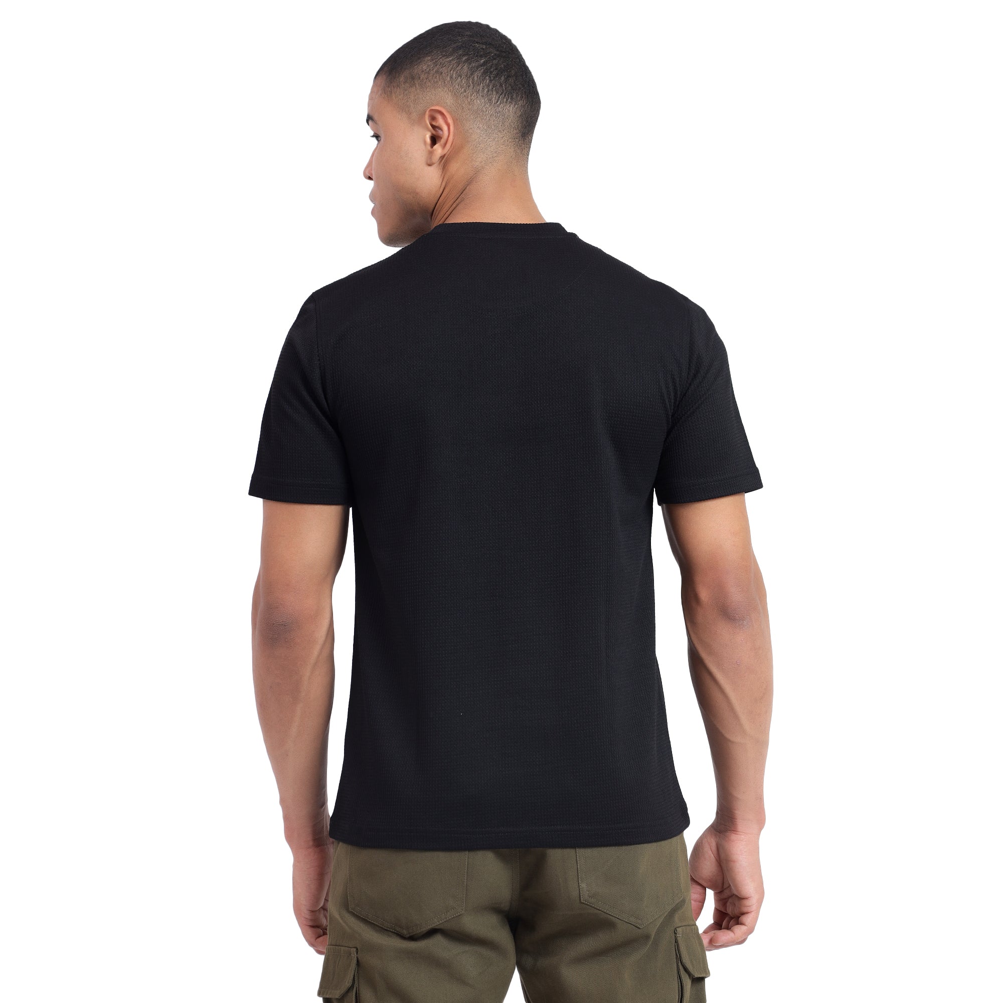 Mentoos Men's Textured Solid Black Cotton T-shirt.