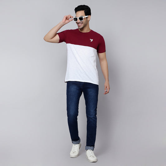 Mentoos Men Slub Cotton Solid Slim Fit Colorblocked Round Neck Half Sleeves T-Shirt Wine