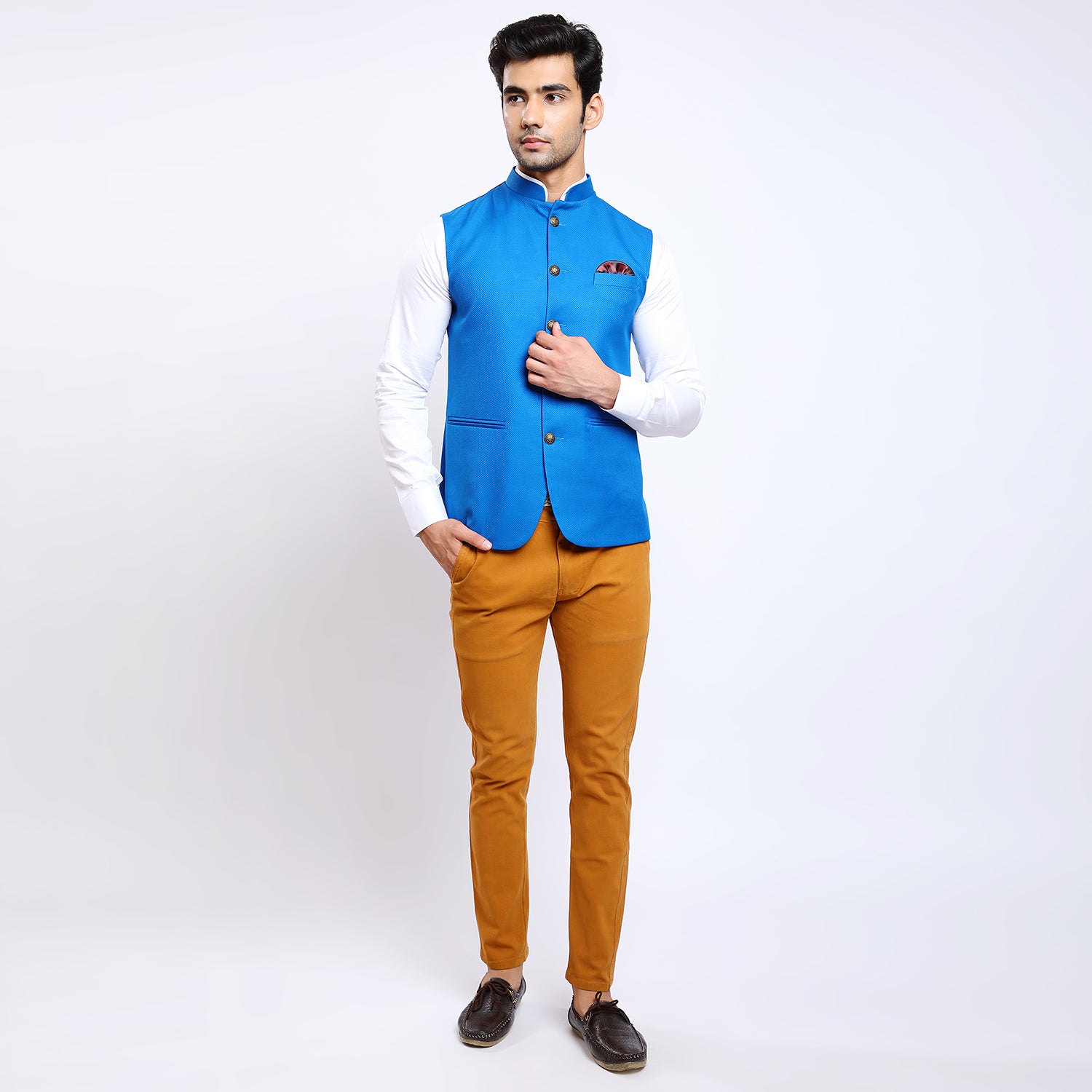 Awadhshree Dobby Blue Nehru Jacket