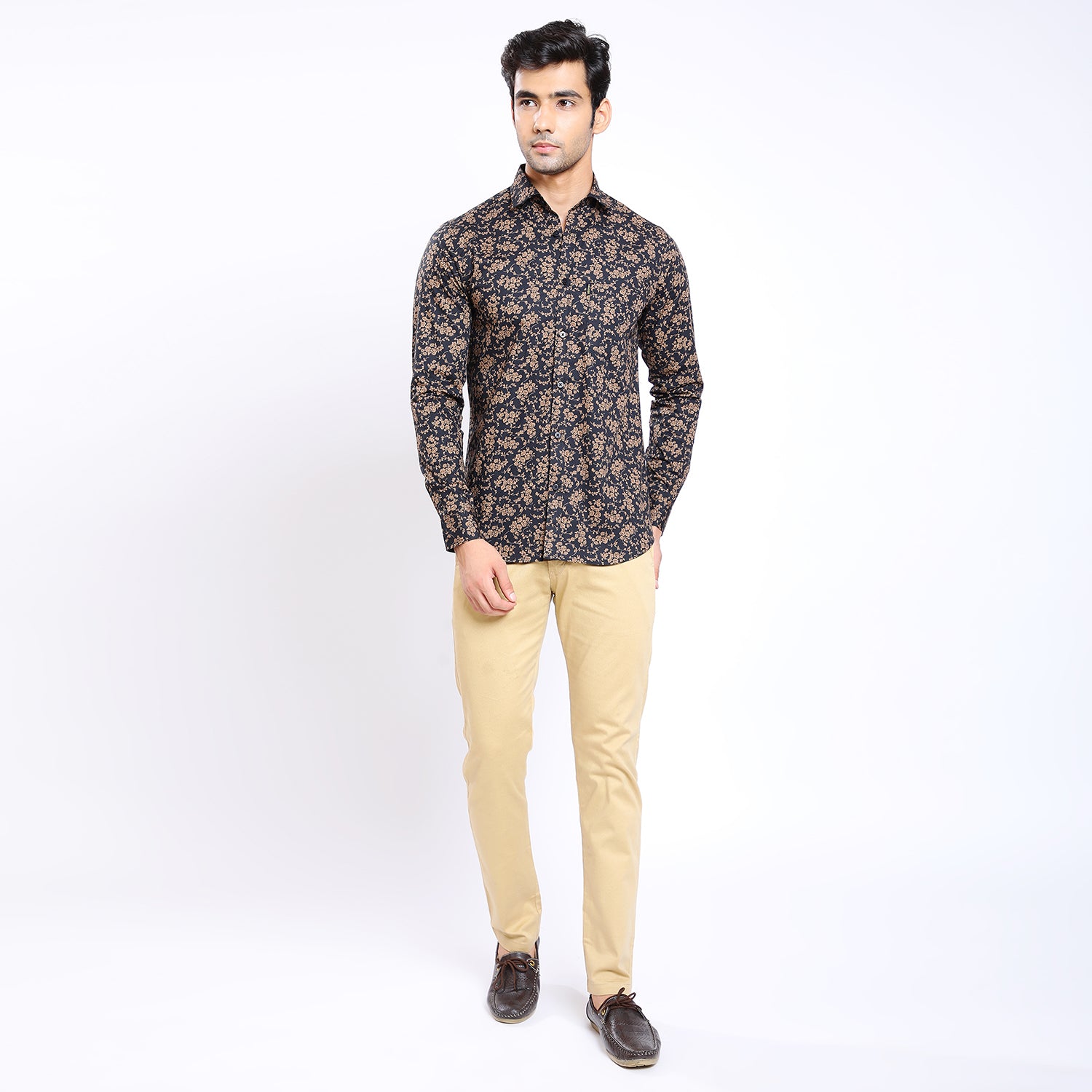 Mentoos Men's Black Flower Print Casual Shirt - Cotton Fabric