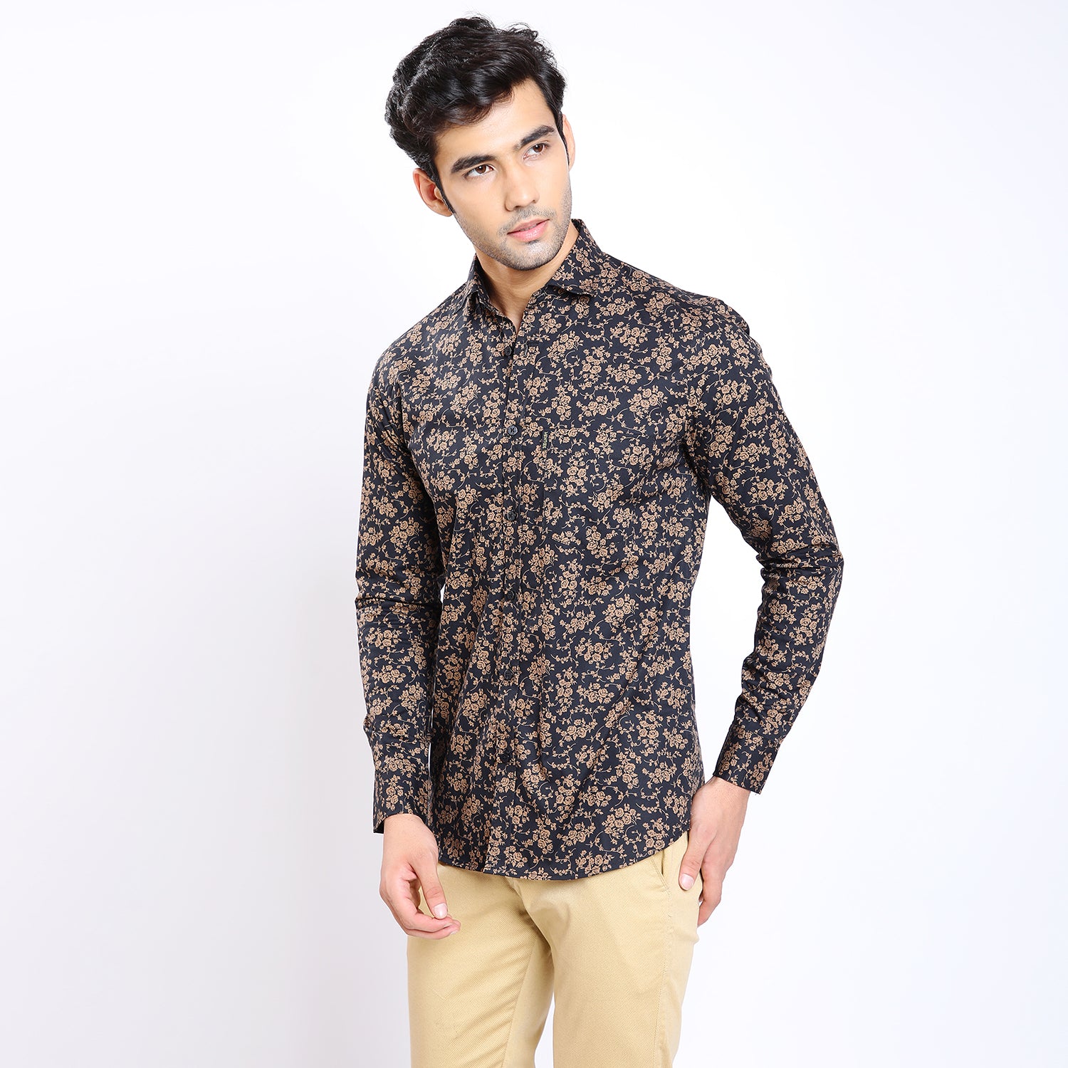 Mentoos Men's Black Flower Print Casual Shirt - Cotton Fabric