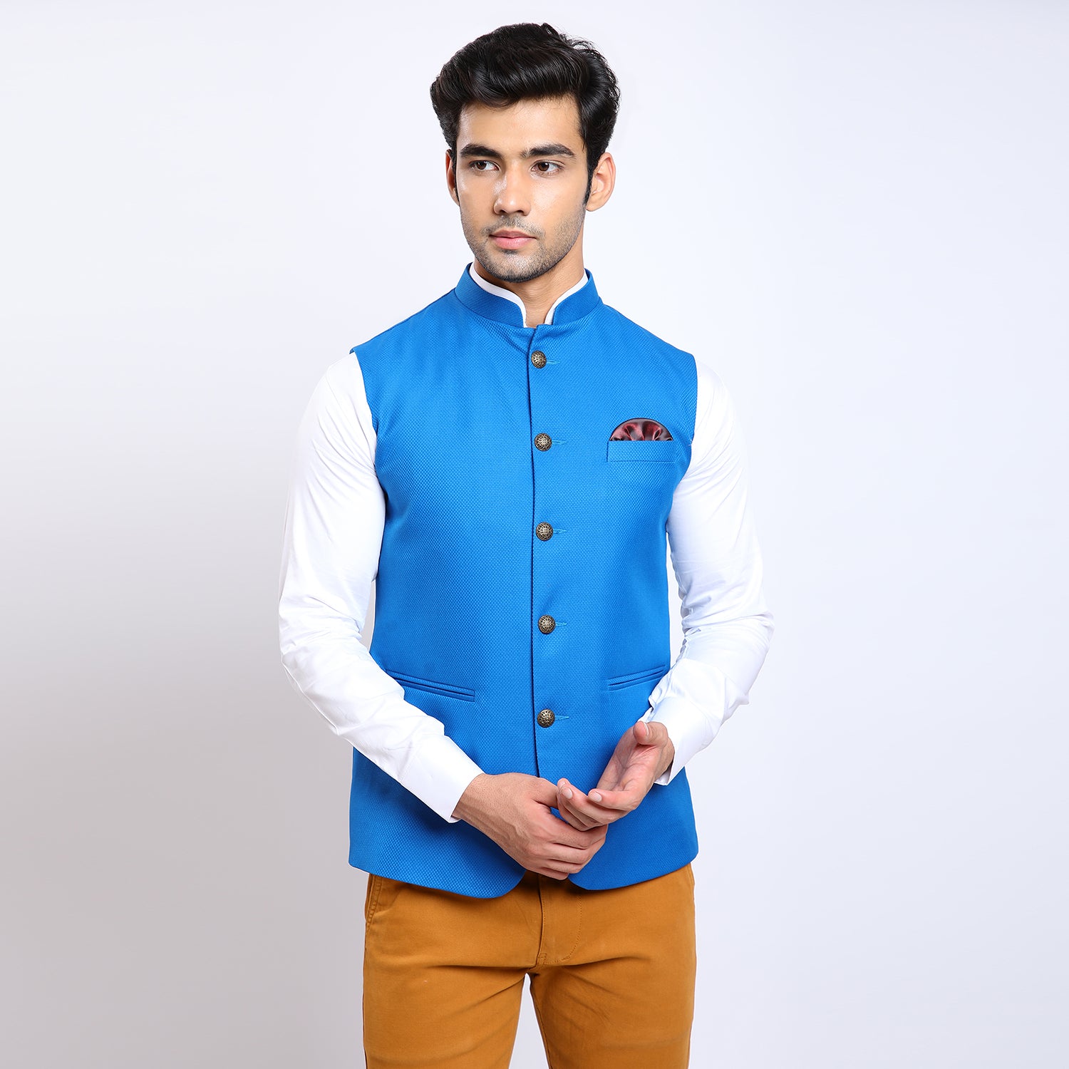 Awadhshree Dobby Blue Nehru Jacket