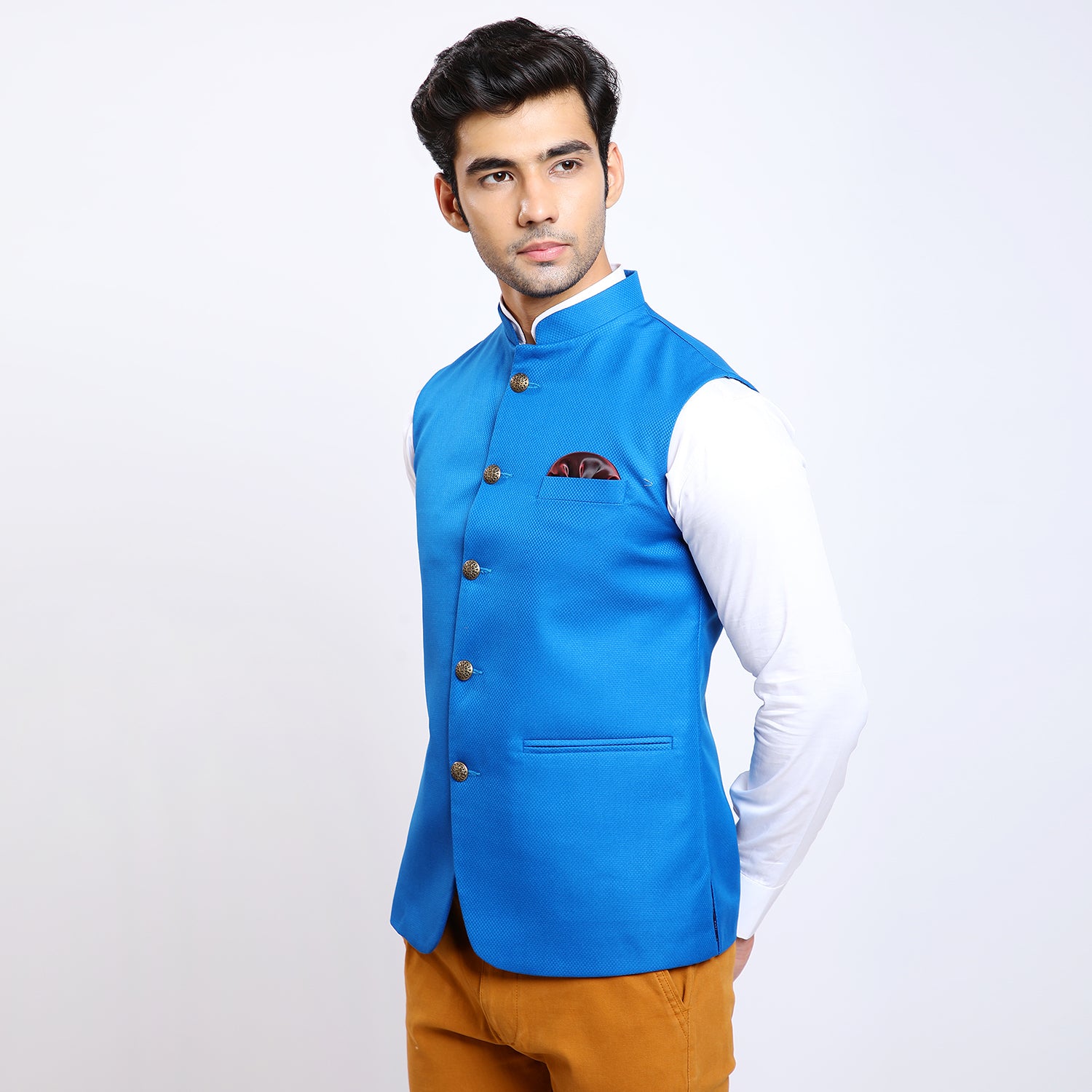 Awadhshree Dobby Blue Nehru Jacket