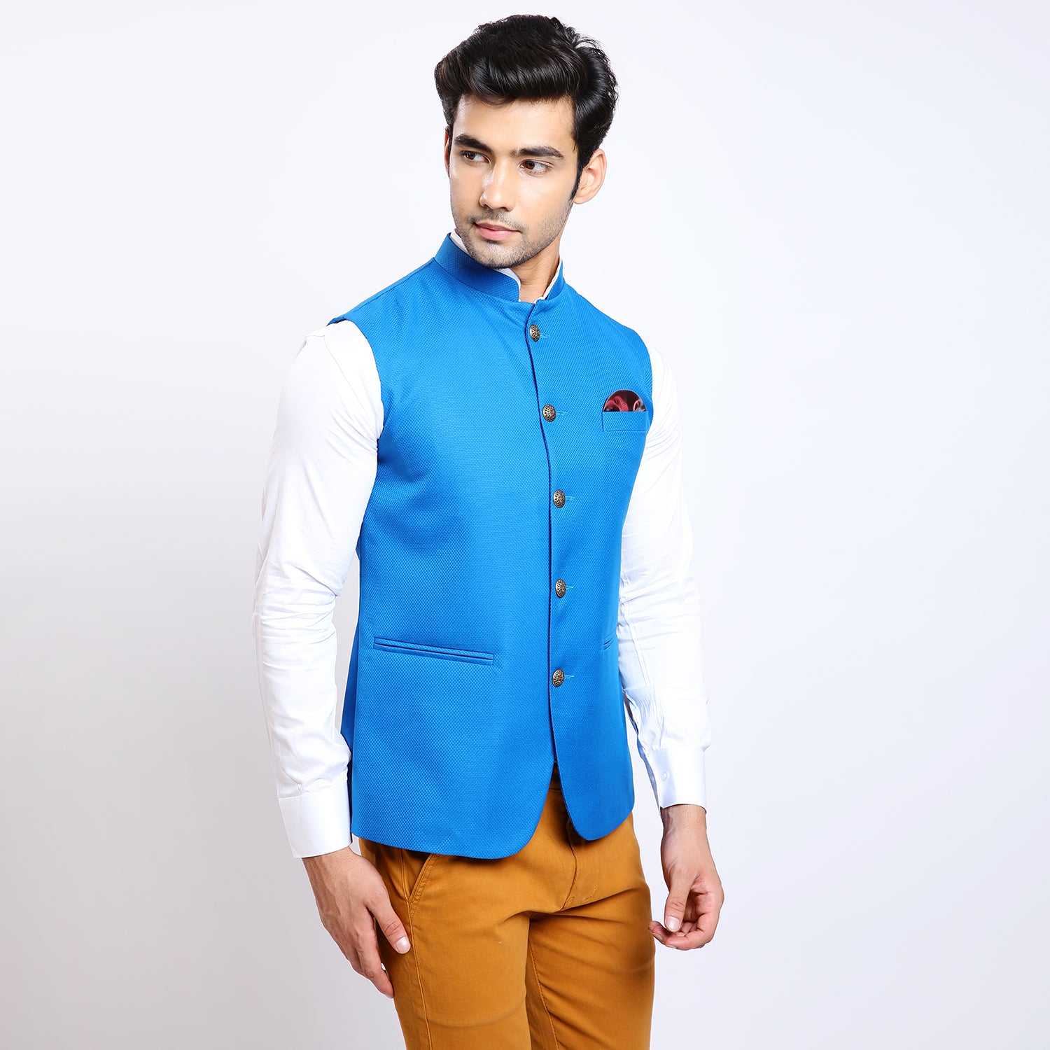 Awadhshree Dobby Blue Nehru Jacket