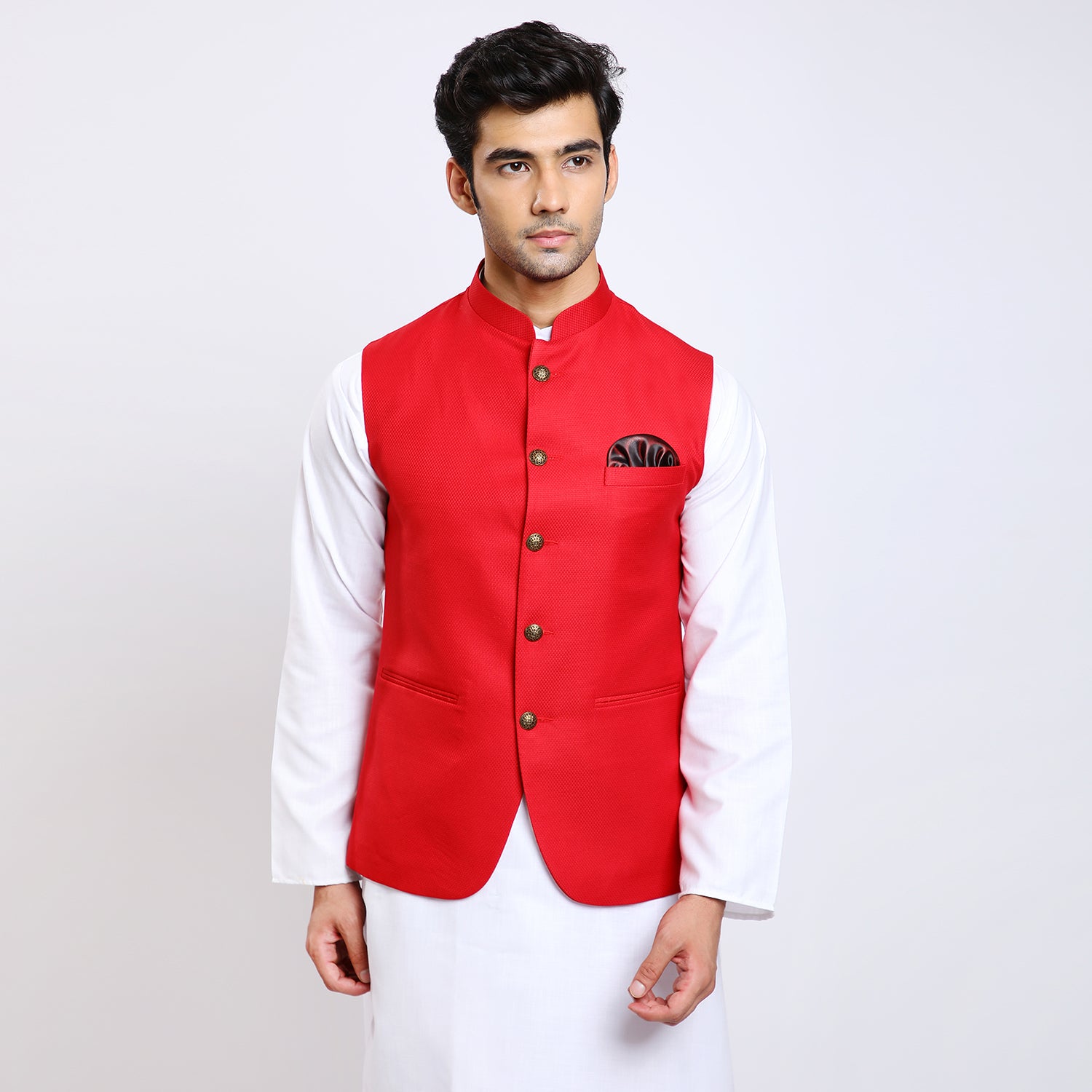 Awadhshree Men's Red Dobby Fabric Nehru Jacket