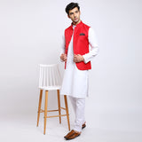 Awadhshree Men's Red Dobby Fabric Nehru Jacket