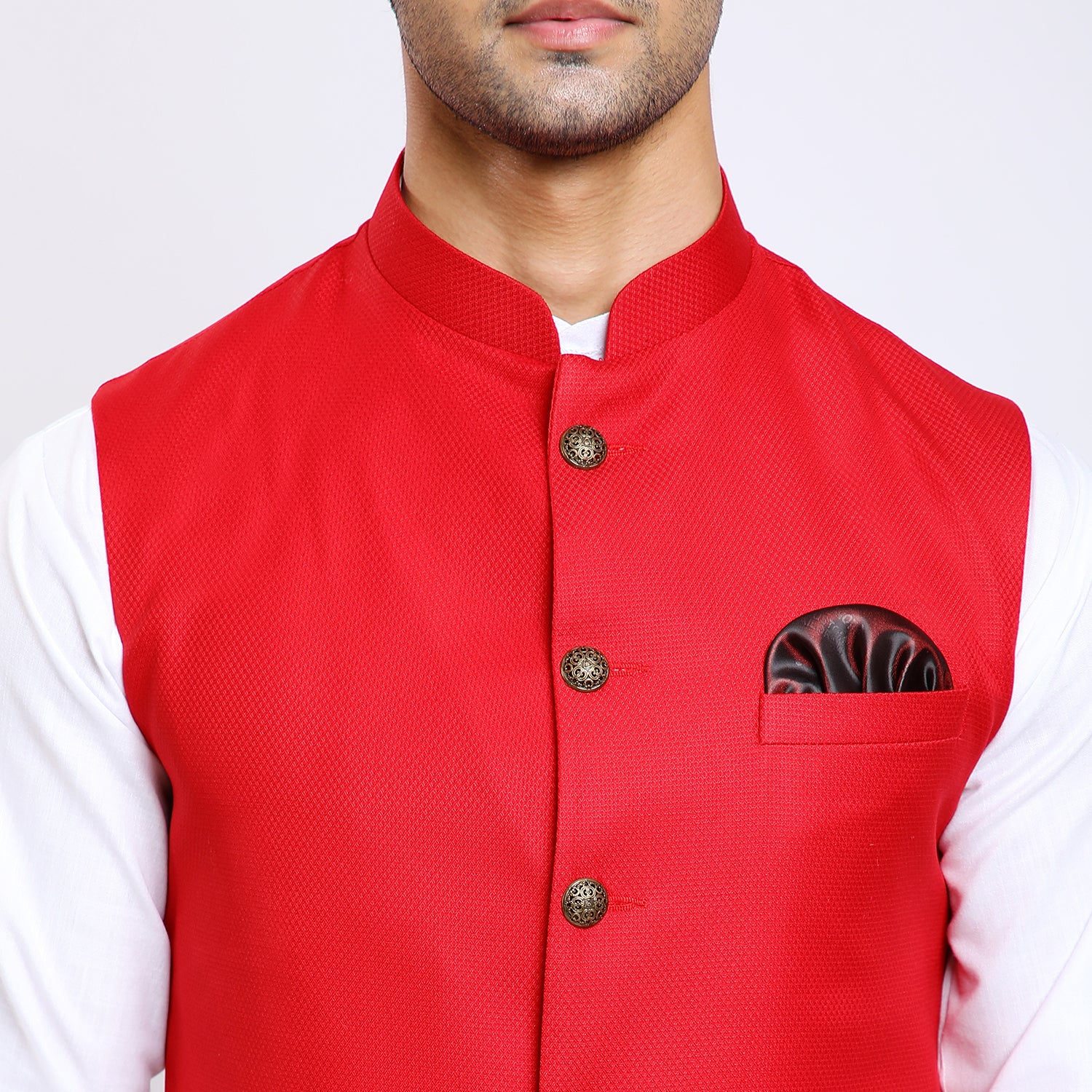 Awadhshree Men's Red Dobby Fabric Nehru Jacket