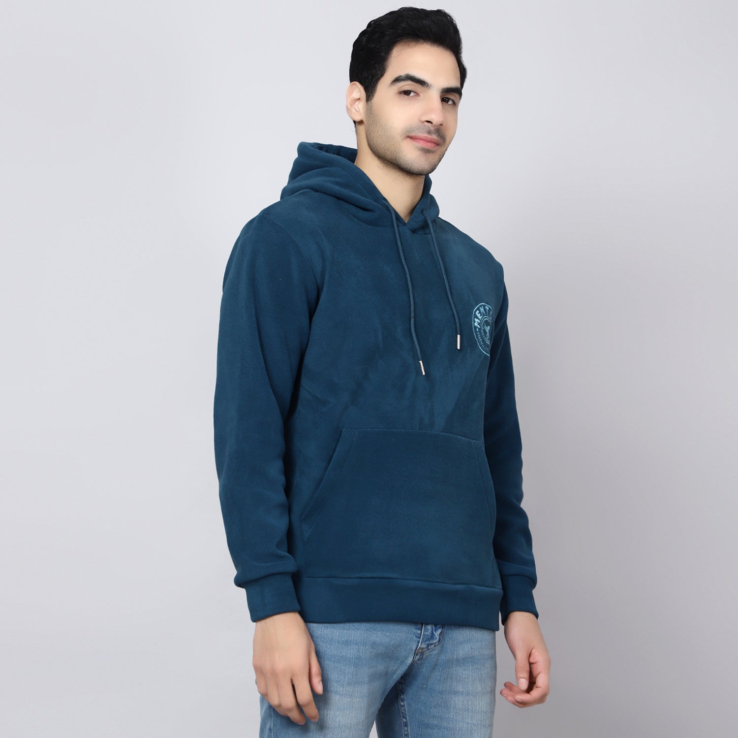 Mentoos Embroidered Hoodie with Kangaroo Pocket Teal Blue.