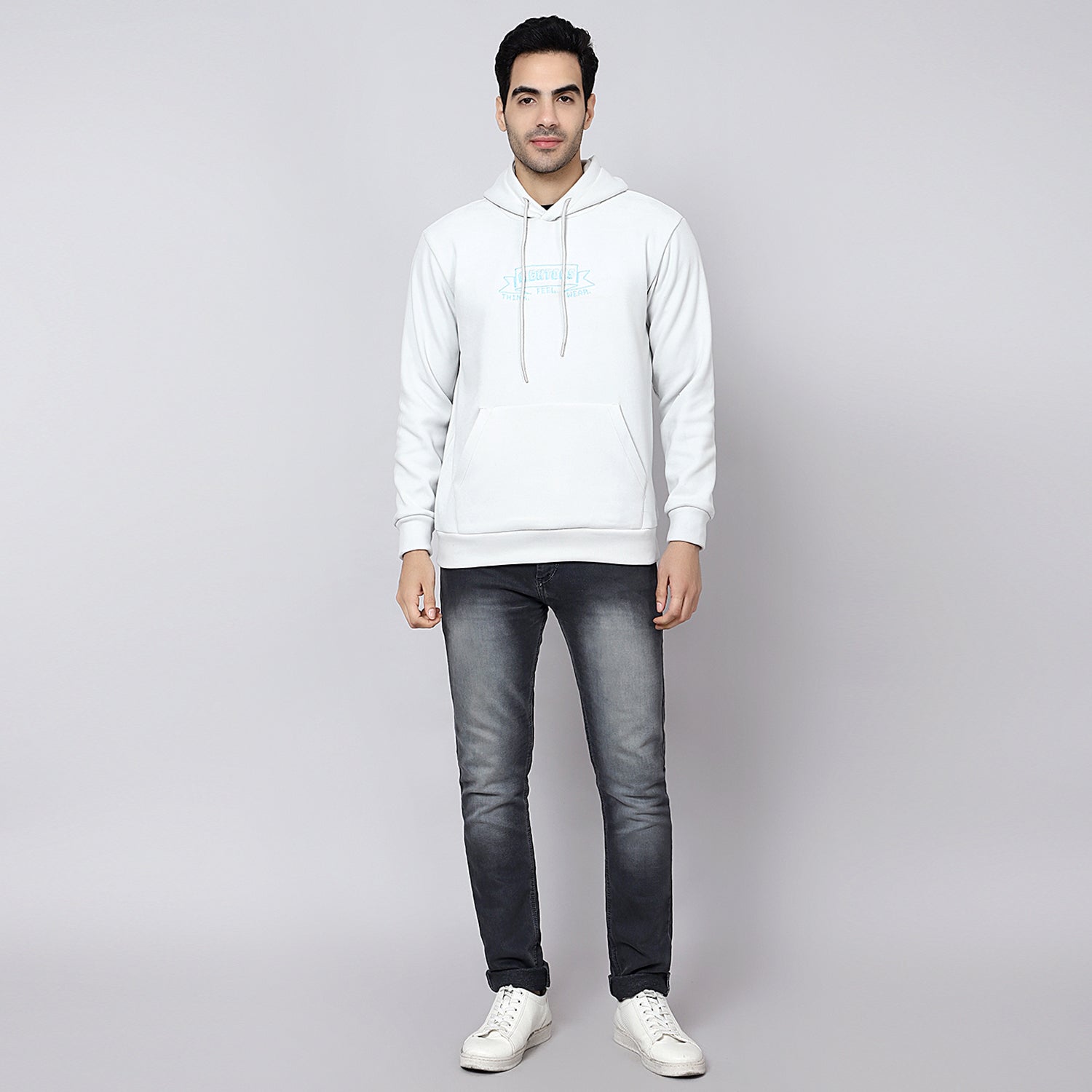 Mentoos Embroidered Hoodie with Kangaroo Pocket Light Grey