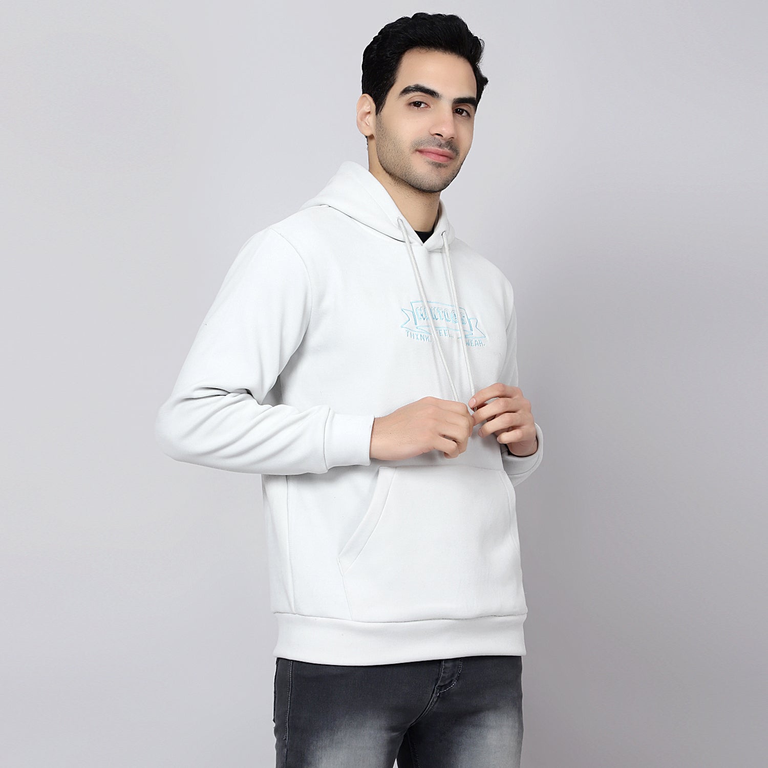 Mentoos Embroidered Hoodie with Kangaroo Pocket Light Grey