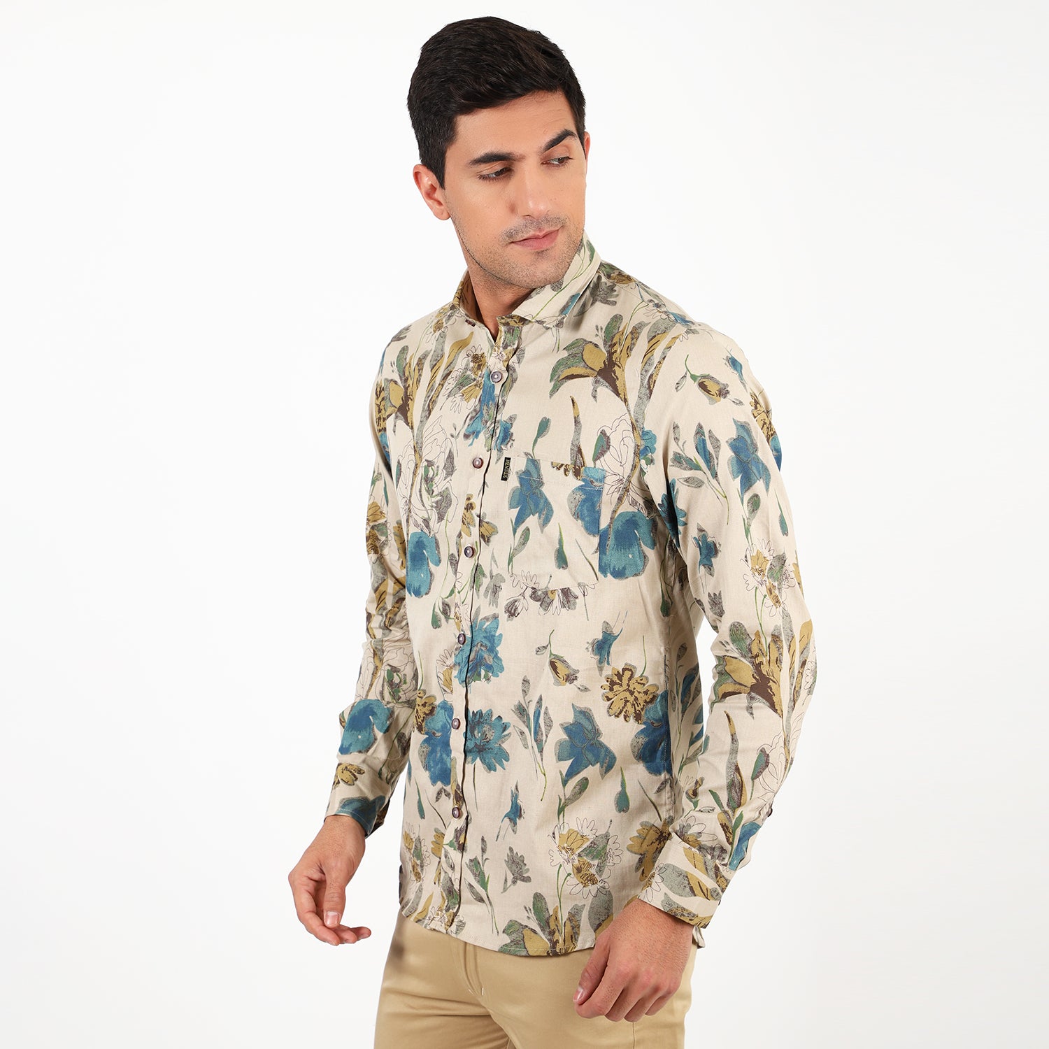 Mentoos Men's Off-White Flower Print Shirt