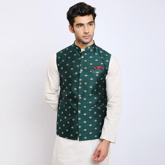 Awadhshree Bottle Green Jacquard Nehru Jacket