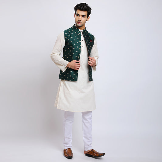 Awadhshree Bottle Green Jacquard Nehru Jacket