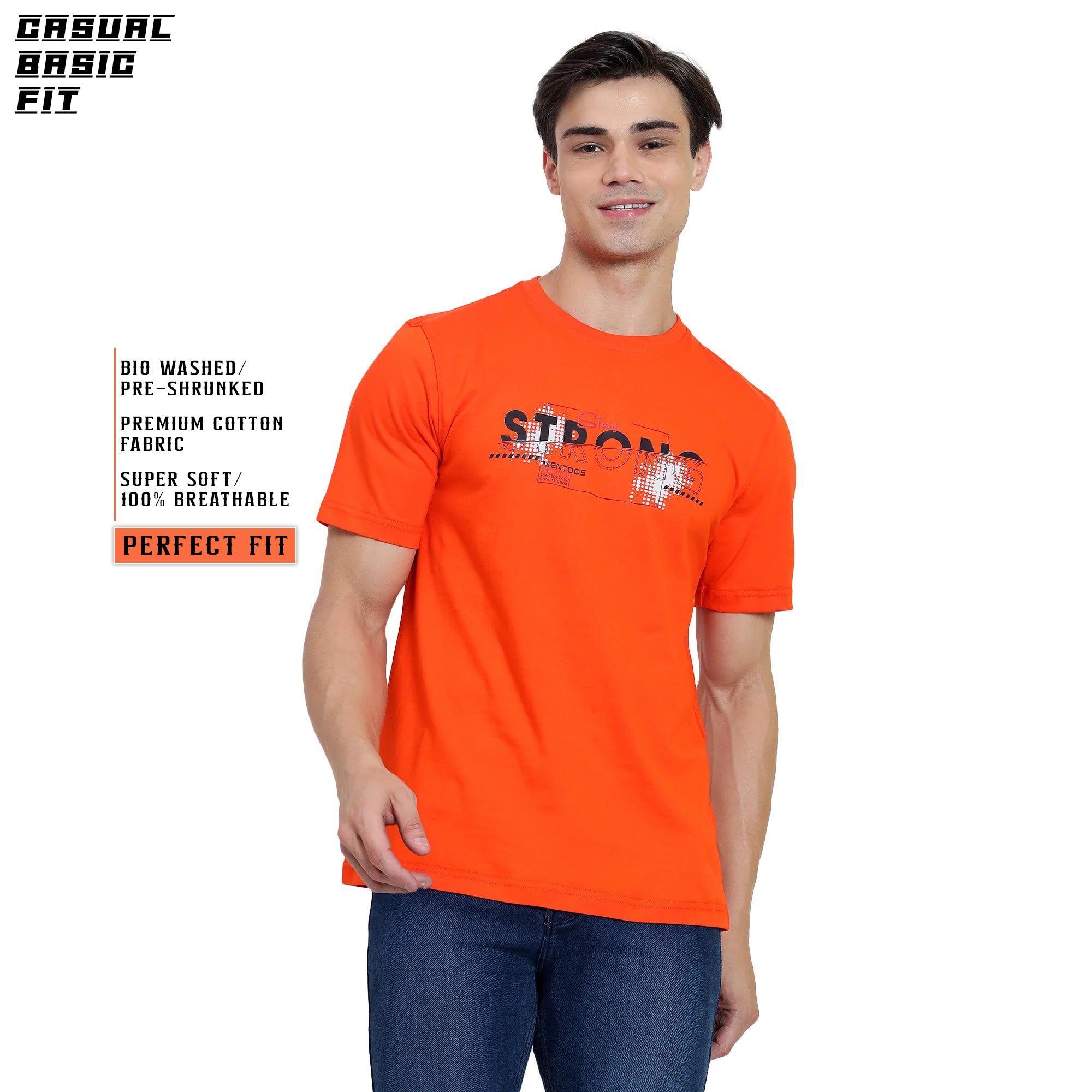 Mentoos Men's Orange Cotton Printed Round Neck Half Sleeves T-Shirt