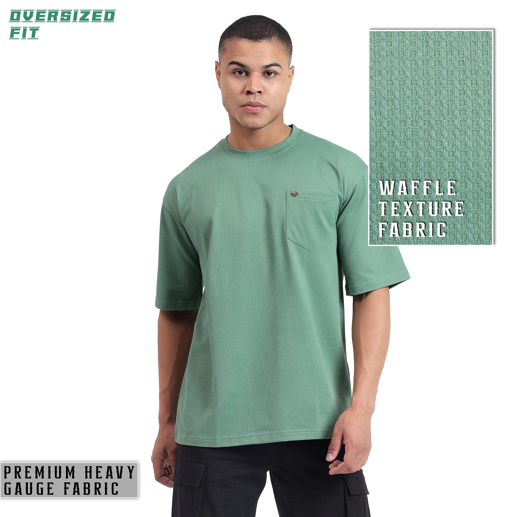 Mentoos Classic Men's Oversize Olive Green Textured Cotton T-shirts.