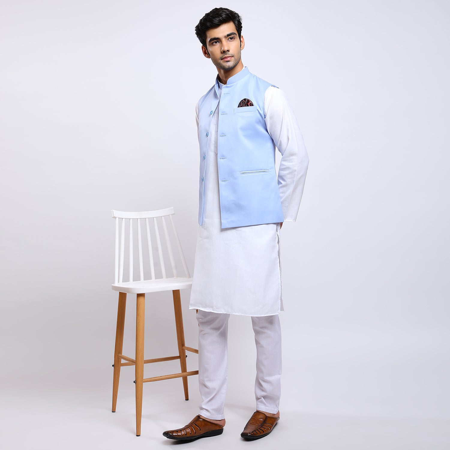 Awadhshree Men's Light Blue Terry Rayon Nehru Jacket