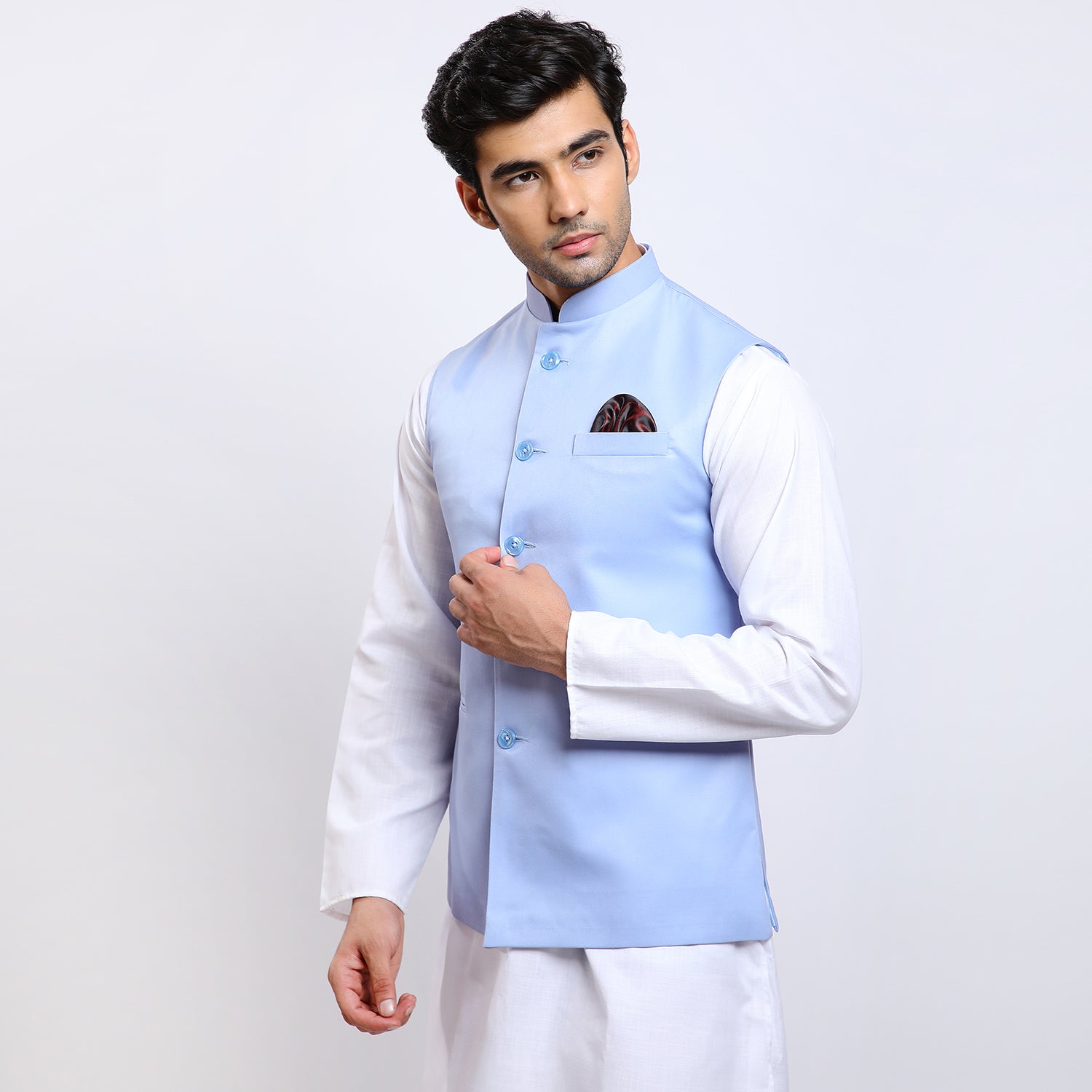 Awadhshree Men's Light Blue Terry Rayon Nehru Jacket