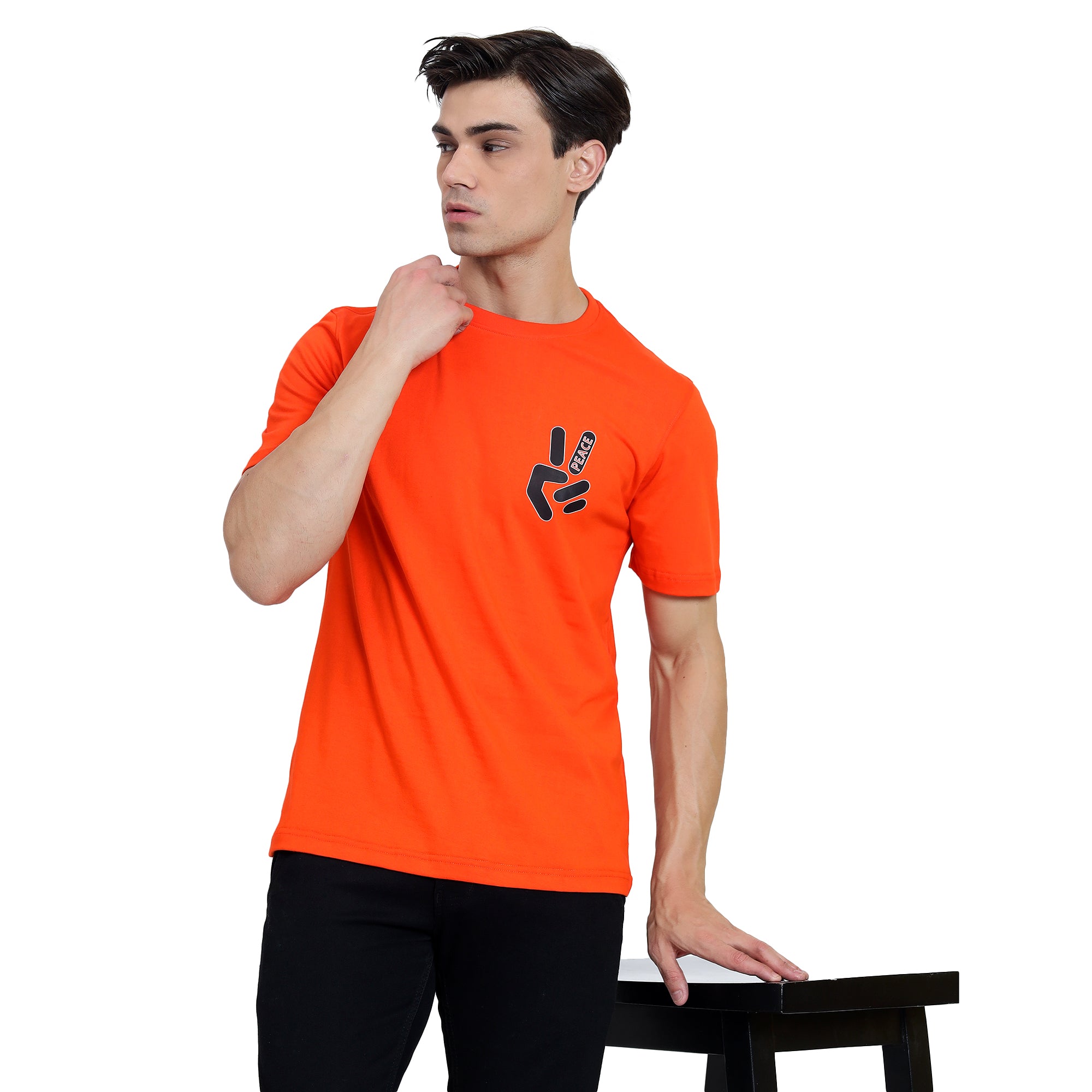 Mentoos Men's Orange Cotton Printed Round Neck Half Sleeves T-Shirt