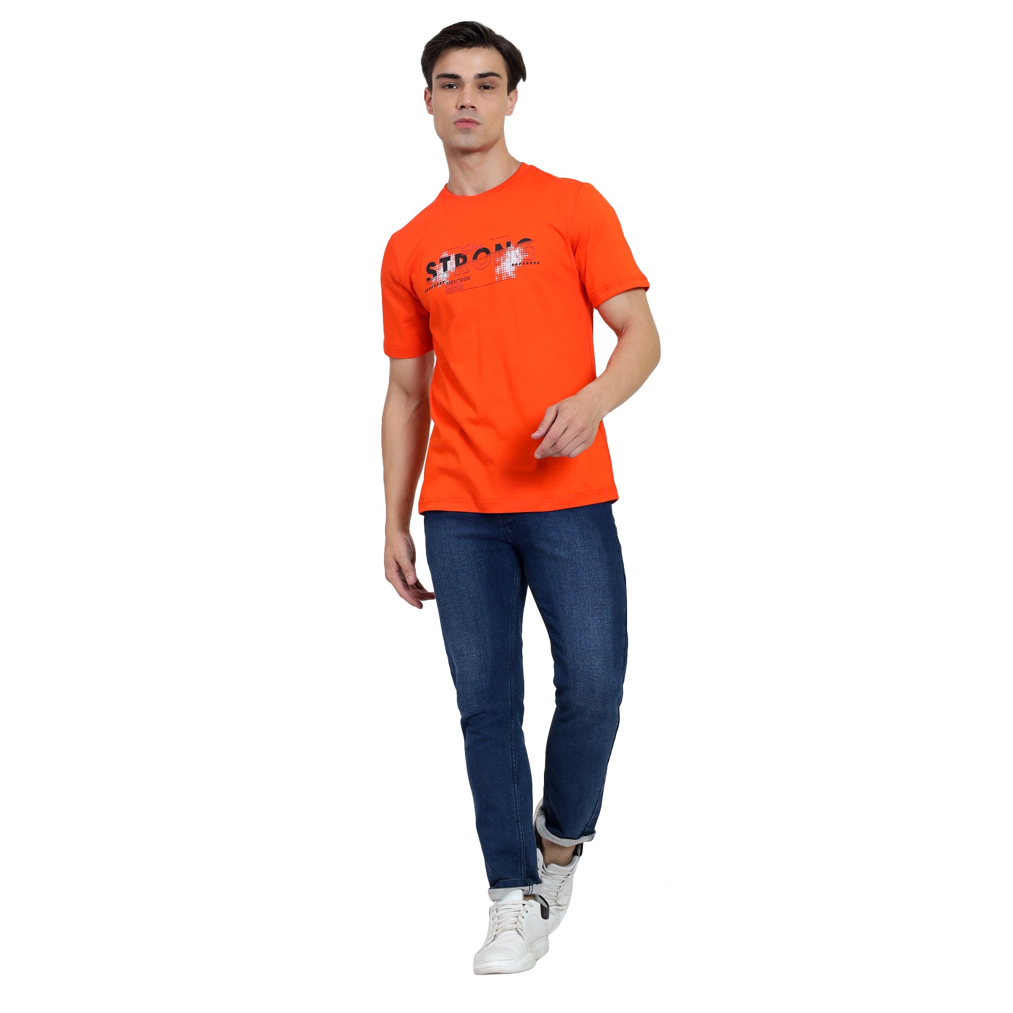 Mentoos Men's Orange Cotton Printed Round Neck Half Sleeves T-Shirt