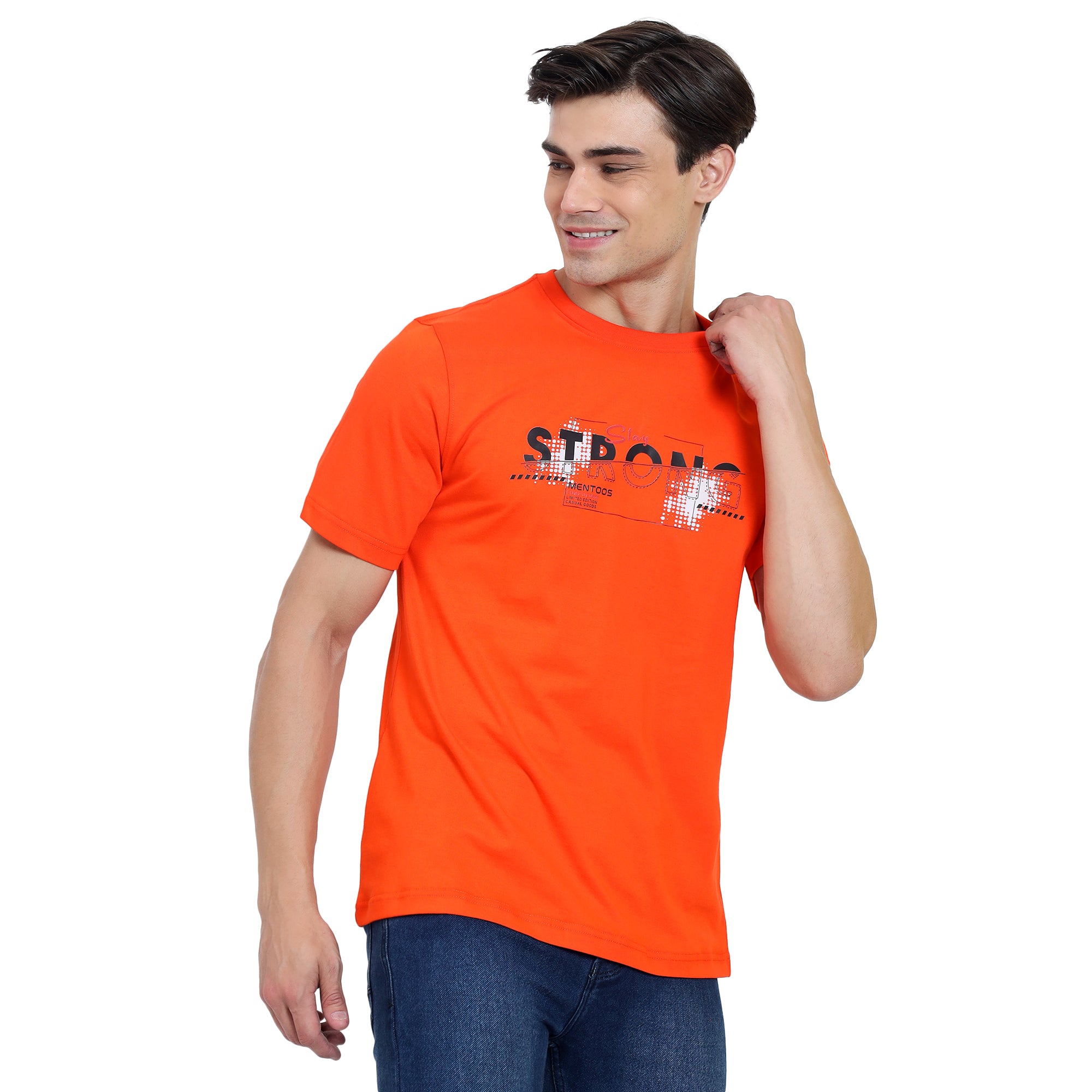 Mentoos Men's Orange Cotton Printed Round Neck Half Sleeves T-Shirt