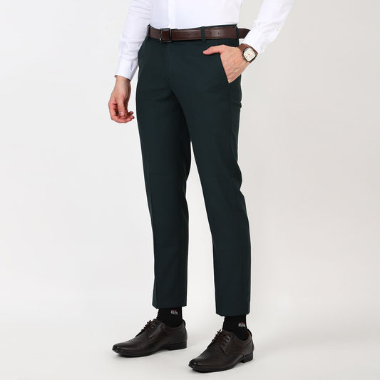 Flat front Solid slim fit trousers Green