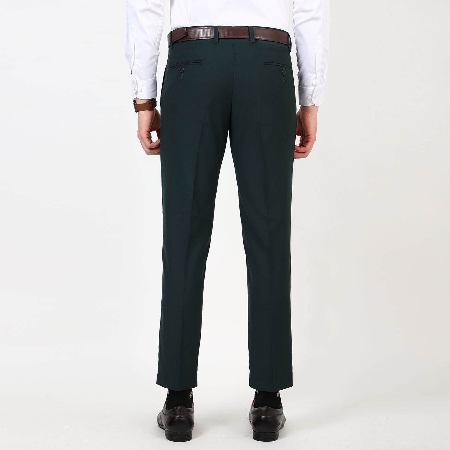 Flat front Solid slim fit trousers Green
