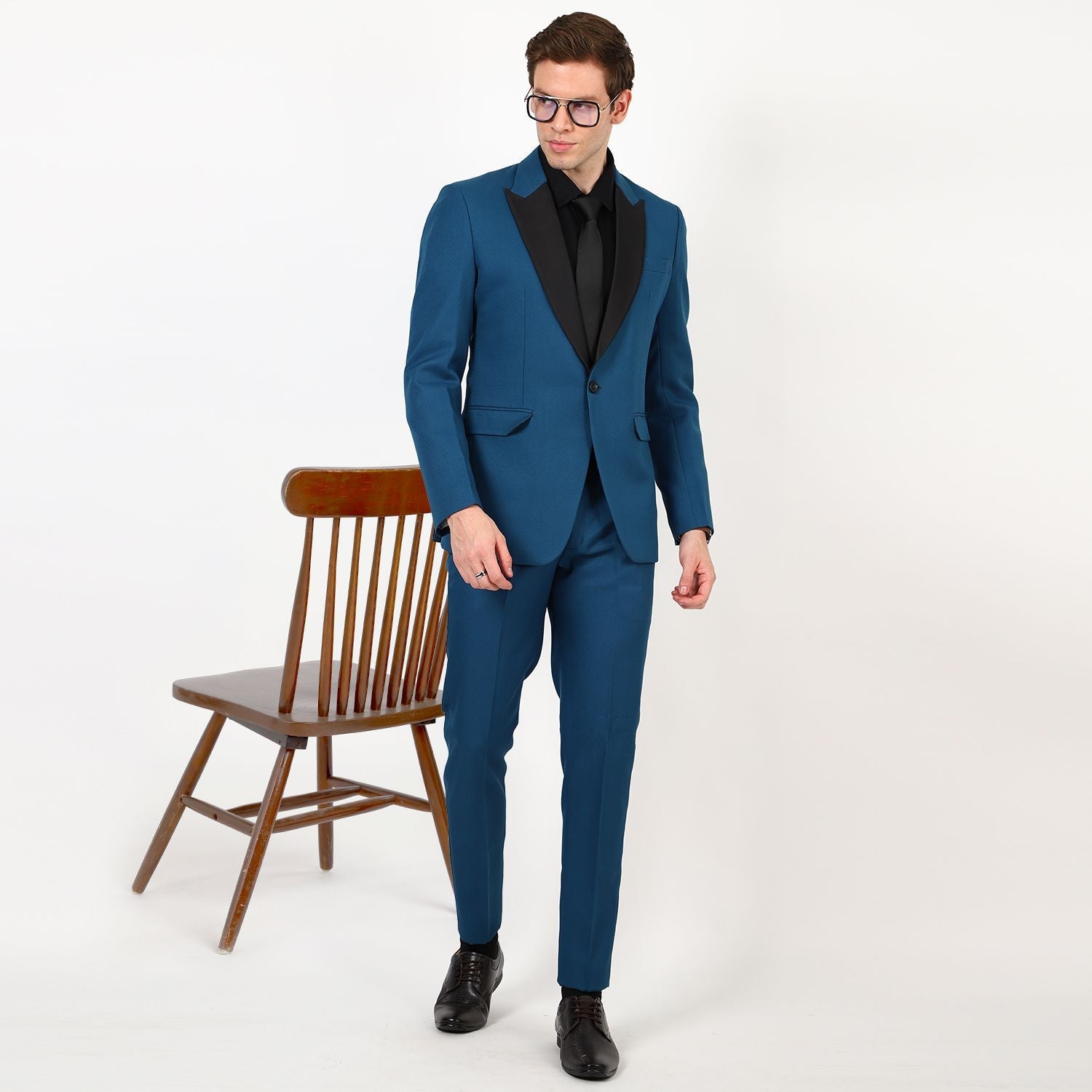 Mentoos Crepe Solid Full Sleeves with Peak Collar Tuxedo Designer 2-Piece Suit Set for Men's Blue Mentoos