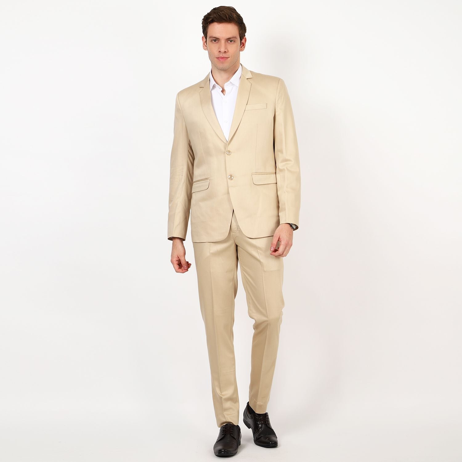 Mentoos Men Poly Viscose Solid Stylish Single Breasted Two-Piece Suit Beige Mentoos