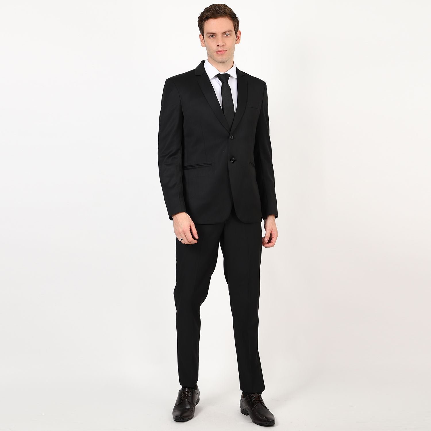 Mentoos Men Poly Viscose Solid Stylish Single Breasted Two-Piece Suit Black Mentoos