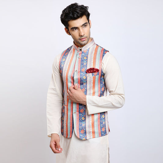 Awadhshree Satin Printed Nehru jacket Multi