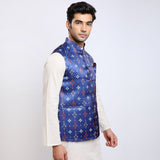Awadhshree satin printed nehru jacket Blue