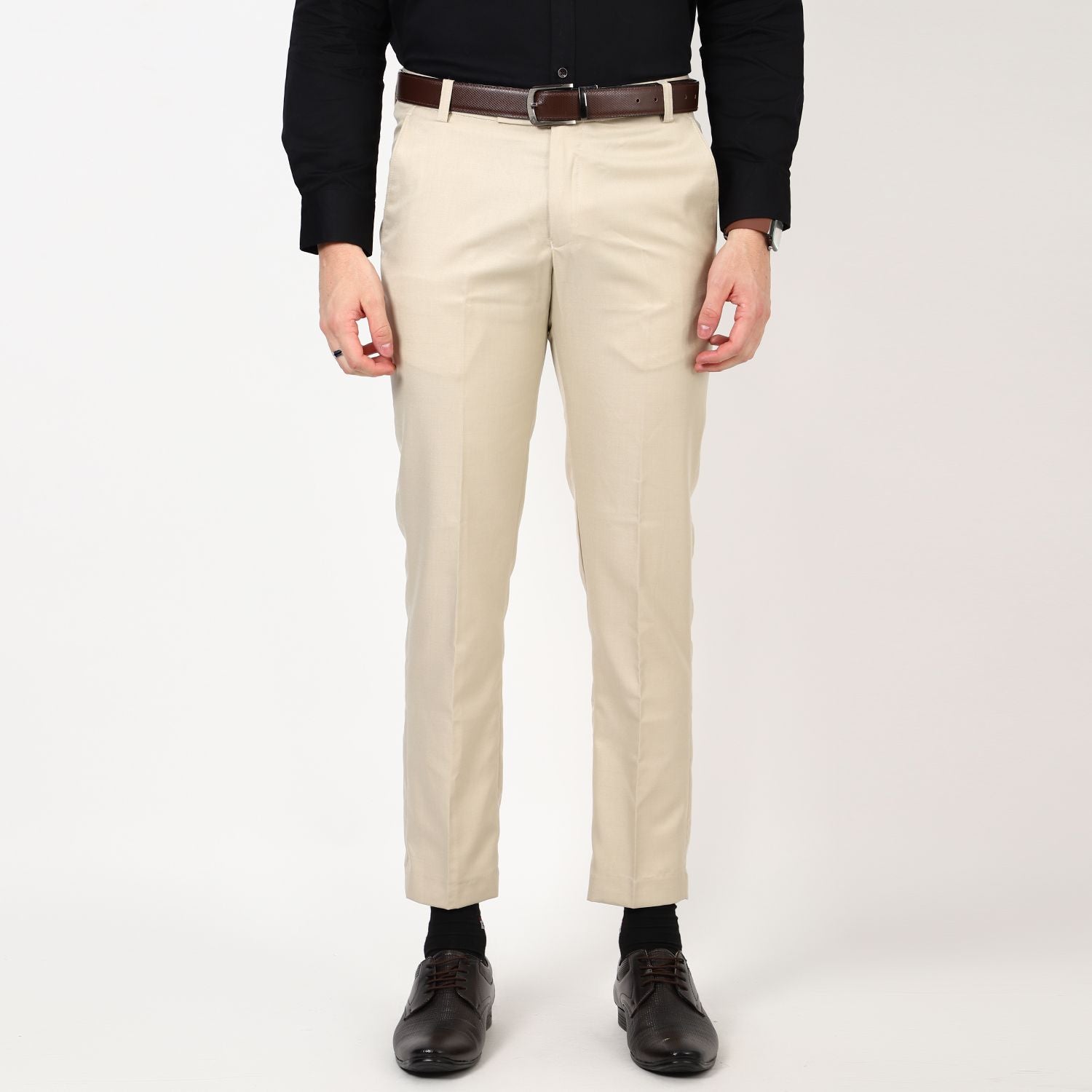 Flat front Solid slim fit trousers Cream