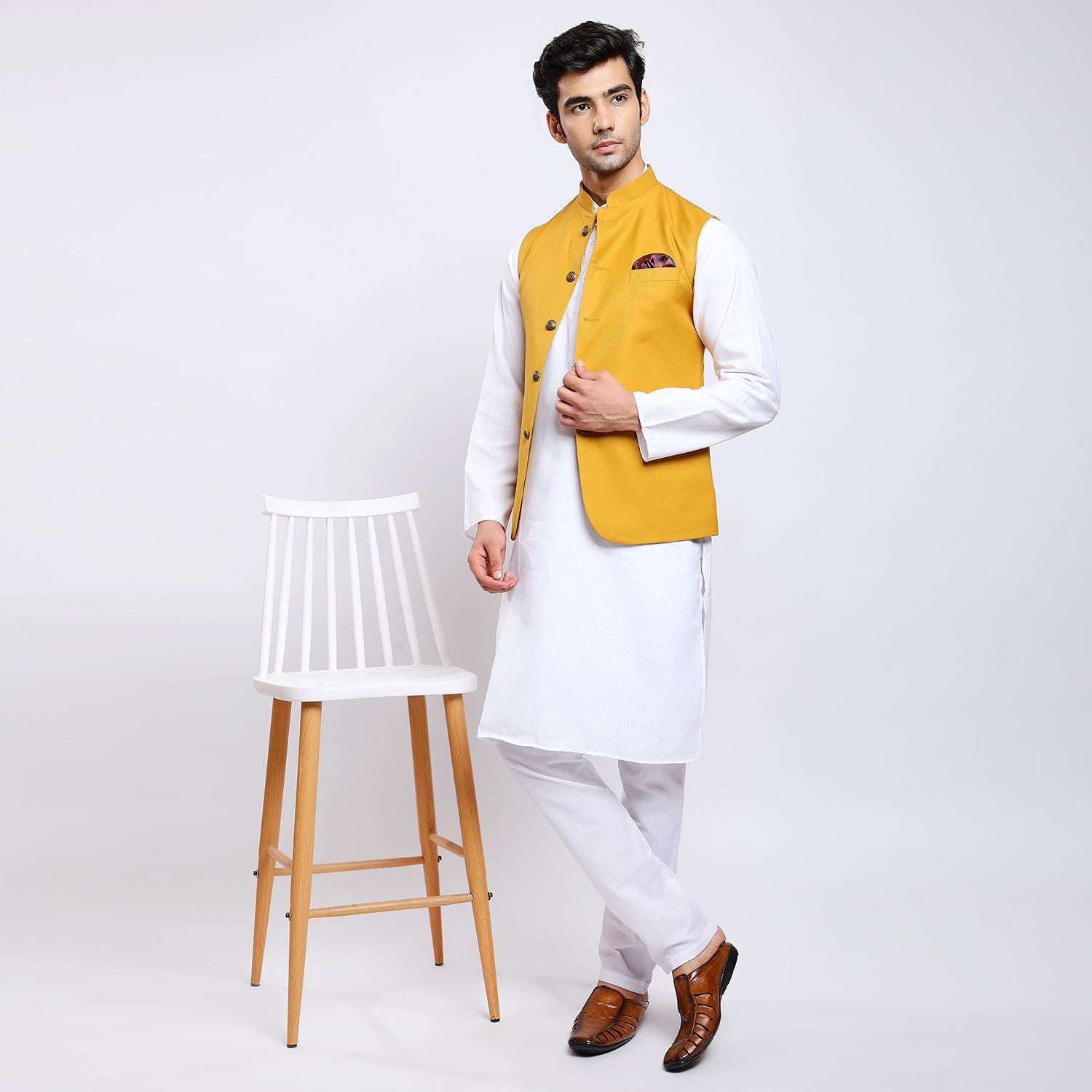 Awadhshree Solid Nehru Jacket Mustard