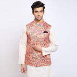 Awadhshree Satin Printed Nehru Jacket Orange