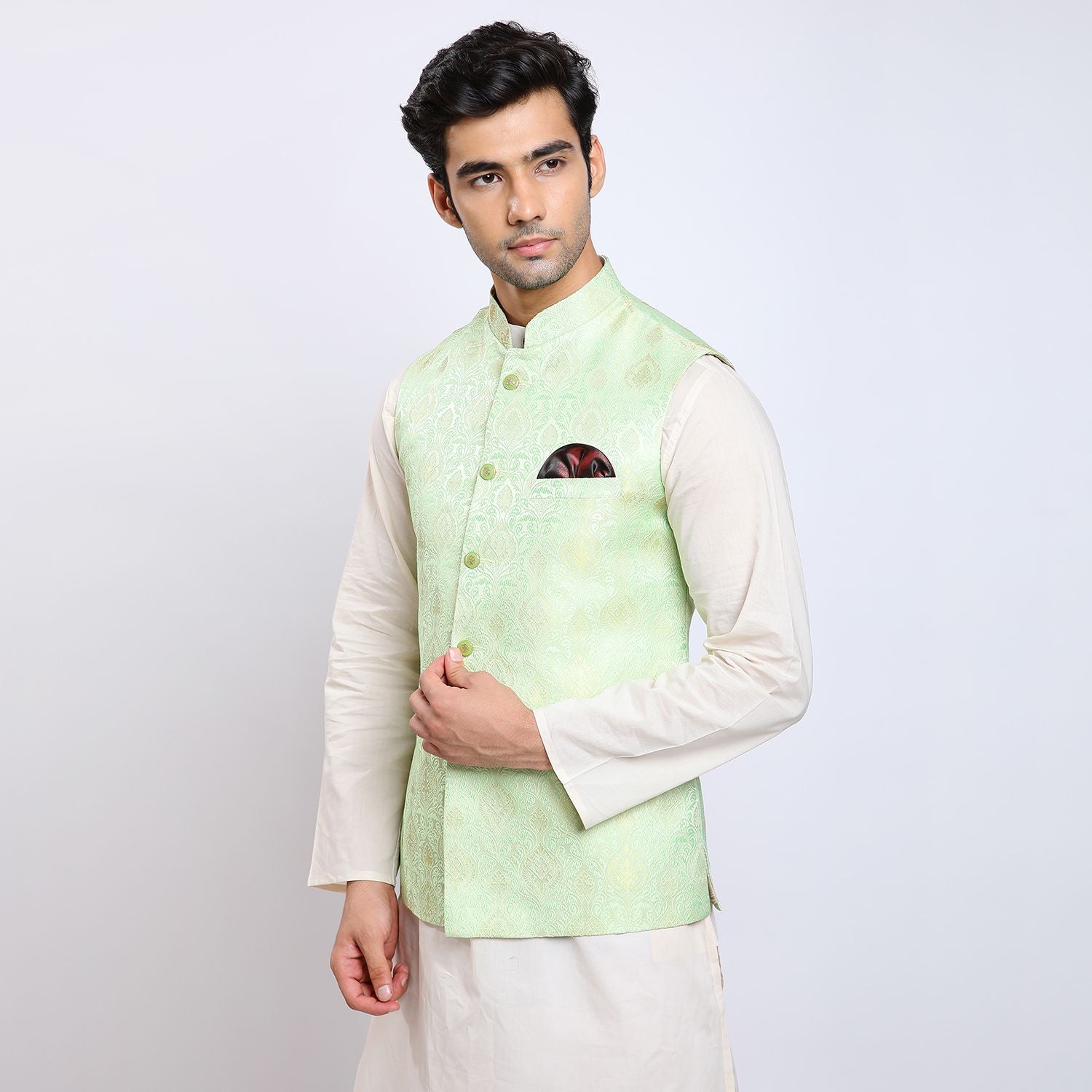 Awadhshree self design nehru jacket Green