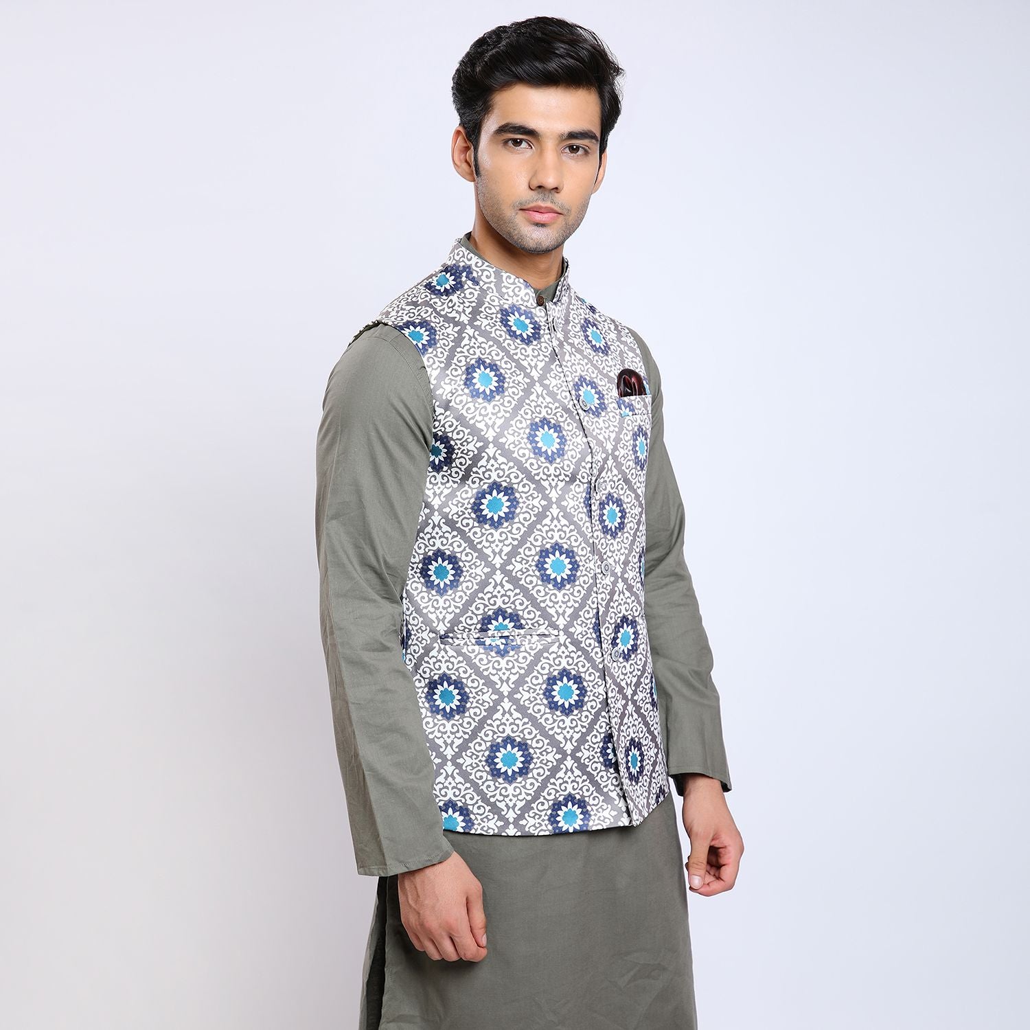 Awadhshree Satin Printed Nehru Jacket Grey